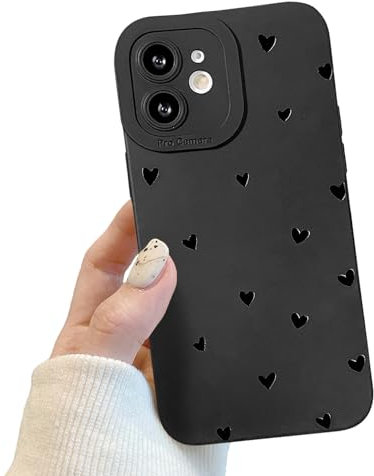POTOK Handyhülle für iPhone 12 Schwarz matt mit Kameraschutz, Niedlich Herz Schutzhülle Design für Frauen Mädchen, Kratzfeste Schutzhülle für iPhone 12