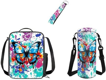Kuiaobaty Butterfly-Lunch-Tasche, 3-teiliges Set für Teenager-Mädchen, Farbspritzer, isolierte Lunchbox mit Wasserflaschenhalter, Schlüsselanhänger, Mahlzeitenbeutel