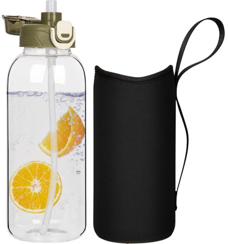 DEARRAY 1.5 litros Grande Botella Agua Cristal con Pajita, 1.5l a Prueba de Fugas Botella Gimnasio Vidrio Borosilicato Deportiva con Funda de Neopreno
