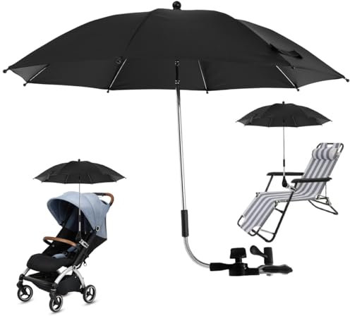Universal Sonnenschirm für Kinderwagen & Buggy, Kinderwagen Sonnenschirm UV-Schutz 50+, 75/82 cm Durchmesser, Kinderwagen Regenschirm mit Verstellbarer Klemme und Verstellbarem Arm (Schwarz, 75cm)