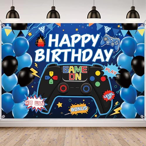 Gaming Party Decorations for Boys - Gamer Birthday Backdrop Banner, Video Game Theme Party Supplies Photo Photography Background, Blue Happy Birthday Background Cloth 180 x 120 Cm