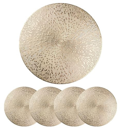 D-buy Round Placemats Gold Metallic Set of 4 Vinyl Placemats 15 inch, Hollow Washable Easy Clean Wipeable Non-Slip Stain Heat Resistant Dinning Table Place Mats for Wedding Party Decoration