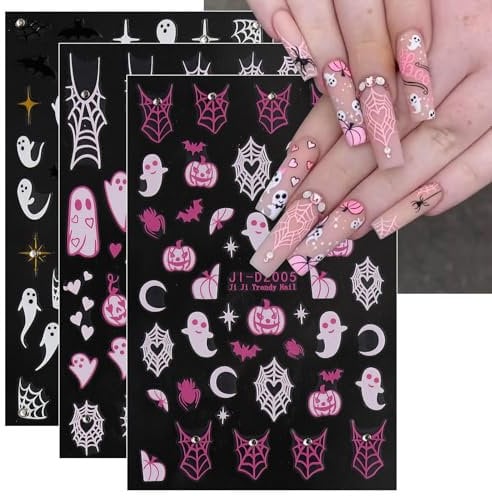 JMEOWIO 4 Sheets Halloween Cute Ghost Nail Art Stickers Decals Self-Adhesive Pink Pumpkin Nail Supplies Nail Art Design Decoration Accessories