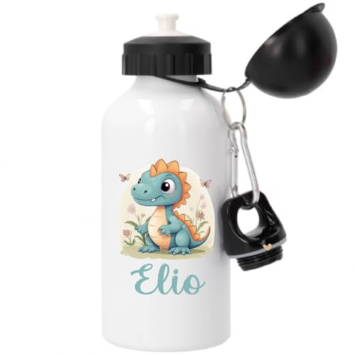Gourde personnalisée enfant dinosaure mignon – 500 ml – Bouteille prénom garçon – 2 bouchons inclus – Crèche, école, rentrée scolaire – Passe au lave-vaisselle
