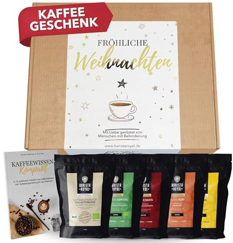 Kaffee Geschenk Weihnachten (5 x 100g) - Geschenkidee Weihnachten - Kaffeebohnen Geschenk Probierset - Fröhliche Weihnachten - ganze Bohne