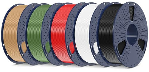 SUNLU 5KG PLA Plus 3D Druckerfilament, PLA+ Filament 1.75mm, Robustes 3D Filament, Kompatibel mit 3D Druckern, 1kg Spule (2.2 Pfund), insgesamt 5kg, Schwarz+Weiß+Holz+Olivgrün+Rot