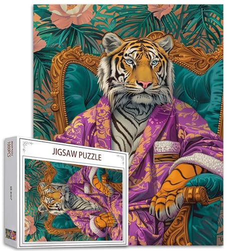 Tiger in Clothes Sitting on Couch Jigsaw Puzzle for Adults 1000 Pieces - Jungle Animal Flower Art Colorful DIY for Home Decor, Family Game Nights Great Gift