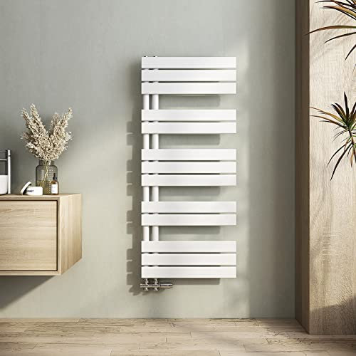 Heilmetz Radiador toallero de Tubo Plano 500 x 1176 mm, radiador toallero electrico baño Caliente de una Cara, conexión Lateral para toallero de Agua Caliente, Blanco