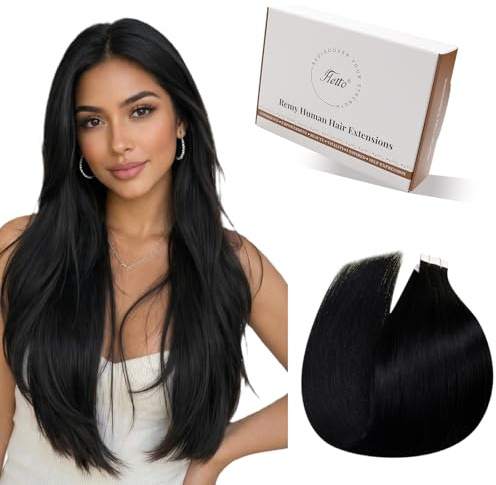 Hetto Tape Extensions Echthaar 60cm Schwarz | 20 Stucke 50g 100% Remy Haar, Invisible Doppelseitige Tape Haarverlängerung, Langlebig & Stark, Natürlicher Alltags-Look