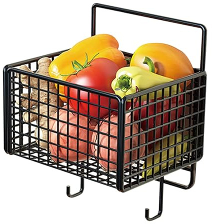 Aufbewahrungskörbe aus Draht Klein mit Haken 12,5x15cm/4,9x5,9 Zoll Schwarz | Metall Obstkorb Hängend Hängekörbchen, Gitter Aufbewahrungskorb Aufhängen für Gitterwand Regal Schrank Küche Büro