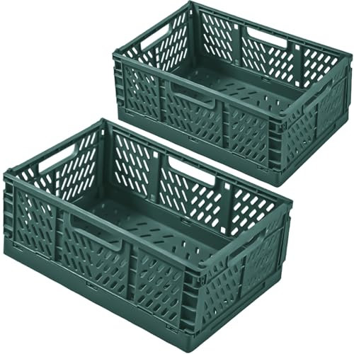 Frepea 2 Stück Aufbewahrungskorb Aufbewahrungsbox Kunststoff Klappboxen Faltbar Stabil Aufbewahrungskiste Klappkorb für Küche/Kinderzimmer/Büro(Dunkelgrün)