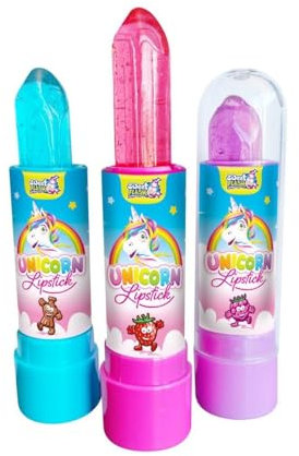 Unicorn Lipstick Lutscher 12er Pack – Bunte Veganer Zuckerlutscher für Kindergeburtstag, Mottoparty oder als Geschenk – 12 Stück Party Deko & Mitgebsel