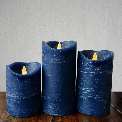 EZiKitchen 3 Pack Wax Flameless Candles with Timer Battery Operated, Navy | LED, Flameless, Flickering Lights, Pillar, Elecrtic Candles for Wedding Holiday Party Decor Halloween Christmas Centerpieces