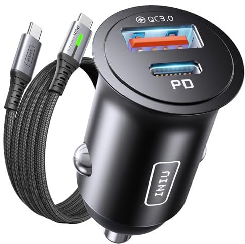 INIU Car Charger, Cigarette Lighter USB Charger Total 60W, 12V USB Socket with [1m] 100W Type C Cable Fast Charge, Car Phone Charge Adapter for iPhone 17 16 Samsung Laptops Switch 2 Car Accessories
