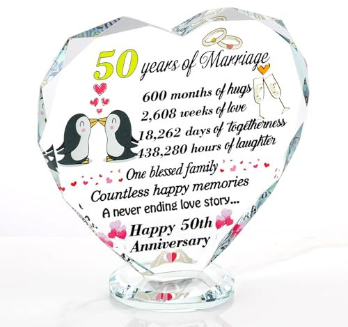 Ornalrist 50th Wedding Anniversary Romantic Gifts for Parents Golden Wedding Anniversary Presents for Couples Wife Glass Heart-Shaped Engraved 50 Years of Marriage Home Ornament