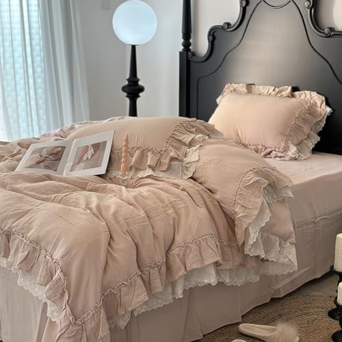 GETIYA Hellrosa Rüschen Bettwäsche 135x200 4Teilig Weich Baumwolle Bettbezug Damen Mädchen Rosa Bettwäsche mit Rüschen Deckenbezug Doppelbett mit 2X Reißverschluss Kissenbezug 80x80