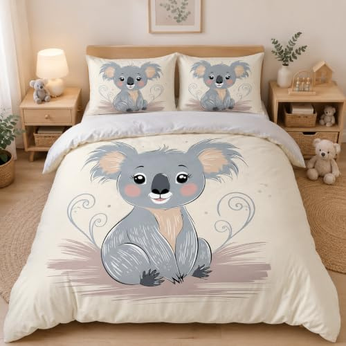 PNHCL Koala Kinderbettwäsche Set 155x220 cm - Weicher Bettbezug mit Reißverschluss + 2X Kissenbezug 80x80 cm, Karikatur - Bequem Atmungsaktiv - Für Jungen Mädchen A-56