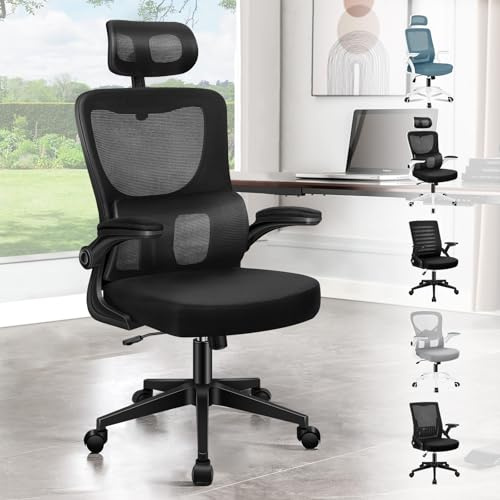 ELFORDSON Ergonomic Office Chair, High Back Computer Chair with Headrest/Dynamic Lumbar Support/Padded Flip-up Armrest, Breathable Mesh Swivel Desk Chairs for Home Office, 120° Rocking, Black