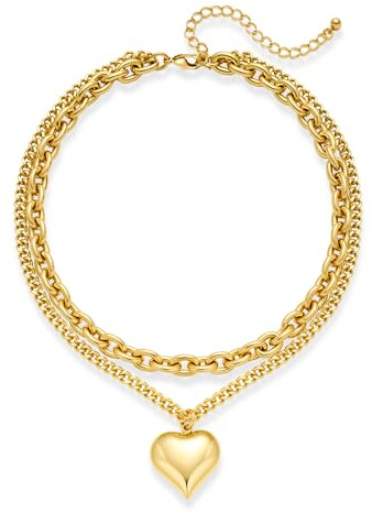 INNERDIVA Collana da donna con ciondolo a forma di cuore in oro a 2 file, con ciondolo a forma di cuore gonfio