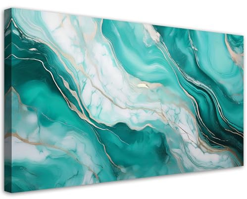 Feeby Leinwandbild - Bilder Wohnzimmer - Türkis Marmor mit Gold - 80x40 1tlg - Deko Schlafzimmer - Wanddekoration - Aesthetic - Groß Moderne Bild - Foto auf Leinwand