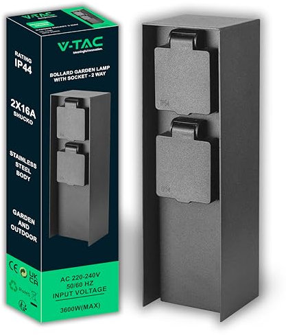 V-TAC Gartensteckdose mit Säule aus Stahl – 2 Gewichte Schuko 16 A – wasserdicht IP44 – Mehrfachsteckdose für den Außenbereich mit eckigem Design – Energiesäule – maximale Belastung 3680 W