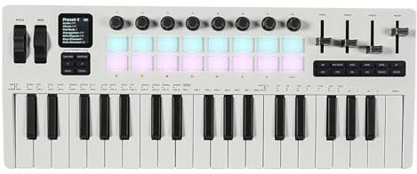 Btuty 37 Key MIDI Keyboard with Velocity Sensitivity, Synthesizer Engine, RGB Backlit Drum Pads, 8 Knobs, 4 Sliders, BT MIDI Connectivity, Portable Rechargeable Battery, Music
