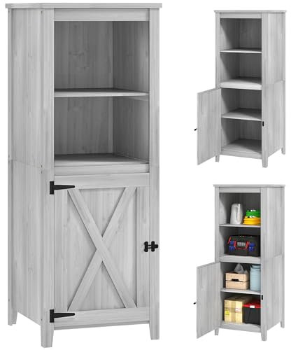 Outsunny Gartenschrank Holz, wetterfest 60x60x160cm Gerätehaus, Geräteschuppen mit höhenverstellbar Ablagen, Tür, Abschließbar Gartenschuppen, Geräteschrank für Hinterhof, Garten, Terrasse, Hellgrau