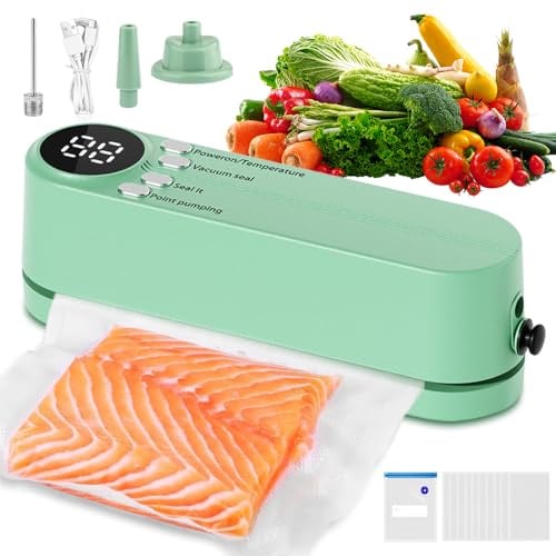 Mini Vakuumiergerät, Kabellos Vakuumiergerät Klein mit 10 Beutel, Tragbar Mini Vakuumierer mit 3 Temperaturstufen, Handvakuumierer zur Snackkonservierung und Lebensmittelaufbewahrung (Grün)