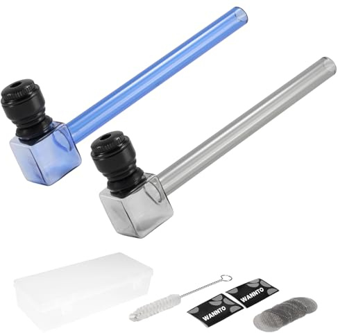 WANNTO 2-Pack Glass Smoking Pipe, Borosilicate Pipe with Metal Bowl | Detachable Metal Bowl,Borosilicate Glass,Blue & Black Set,Storage Box
