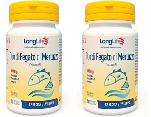 LongLife® Olio di fegato di merluzzo 500 mg | Ricco di omega 3 | Titolato in EPA, DHA, vitamina A e vitamina D3 | Crescita, sviluppo e difese immunitarie | Fino a 1 mese di trattamento | Senza glutine