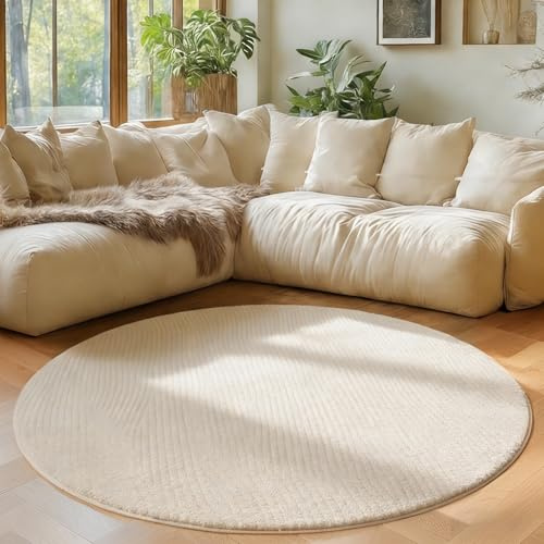 Edlbaegy Teppich Rund Creme 160cm Moderner Runder Teppich Wohnzimmer Schlafzimmer Flauschig Wohnzimmerteppich rutschfest für Esszimmer Kinderzimmer