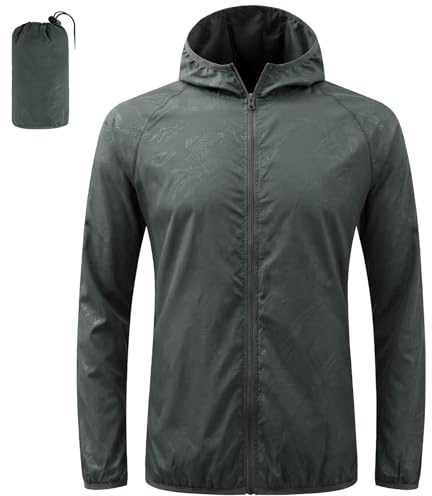 BSBUY Veste Homme Impérmeable, Veste en Plein Air Zippée pour Hommes avec Sac, Veste de Randonnée Homme, Veste Running Course Tactique Travail Légère pour Sport Cyclisme Voyage, Sans Poches, Gris, XL