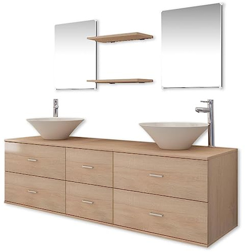 HFXHIJXQ 9-TLG Badmöbel Set Waschtischunterschrank 150x45x45 cm Beige mit 2 Waschbecken Aufsatzwaschbecken Keramik und verchromten Wasserhahn Modernes Design für Badezimmer und Gäste WC