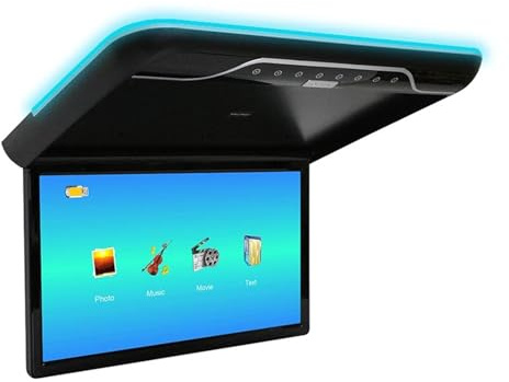 Monitor de techo for automóvil 19 pulgadas, pantalla abatible 1080P, video multimedia superior for, con luz ambiental 16 colores(Black)