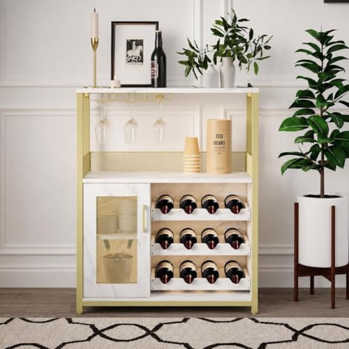Koioplie Weinregal 70x35x92 cm, Weiß & Gold | Verstellbares Weinbarschrank, Glashalter, Industrial Design mit LED-Licht, für Küche, Esszimmer und Wohnzimmer