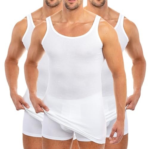 HERMKO 3007 3-Pack Extra-Long (Approx. 10 cm+) Men's Tank top Vest in 100% bio-Cotton, Size:Large, Colour:White