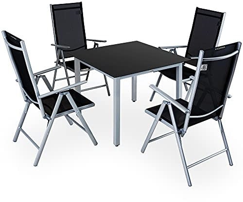 CASARIA Comedor de Jardín Bern Plata Aluminio 90x90 Mesa y 4 Sillas Plegables 8 Posiciones Muebles Exterior