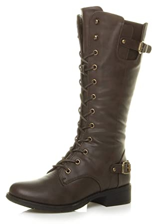 AJVANI Womens ladies low heel lace up zip biker army combat military calf boots size
