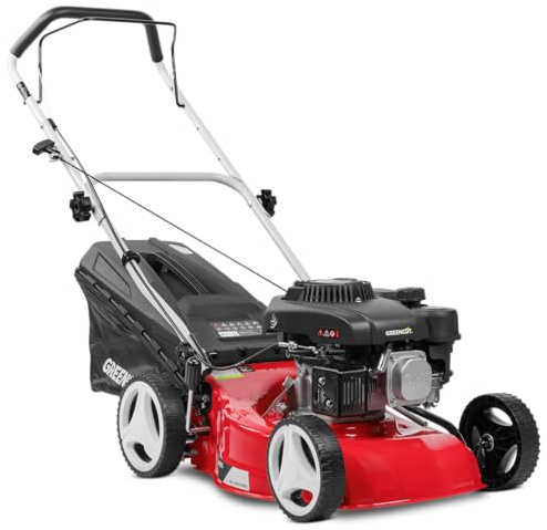 GREENCUT GLM680X - Cortacésped de Gasolina 4 Tiempos OHV 139cc y 5cv Arranque Manual Easy-Start, Ancho Corte 410 mm, o 17 Pulgadas, rotativo, Altura Corte Regulable, Saco de Recogida 45L