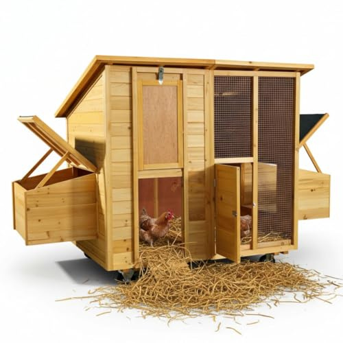 Mucola Hühnerstall Hühnerhaus rollbar mit Nestbox Holz 214x108x125 cm Natur | 4 Nistplätze von außen zugänglich, Deckelhalterung zur Eierentnahme, 2 Fronteingänge, wetterfest imprägniert, mit Dachpappe