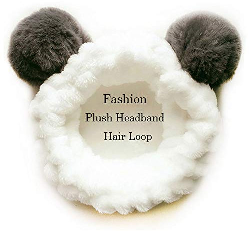 Makeup Stirnbänder für Waschen Gesicht,Dusche,Spa Maske, Frauen Mädchen, Plüsch Stirnband Haarschleife,Elastische Korallen Fleece Haarband, mit Niedlichen Pompons Grau (Panda)