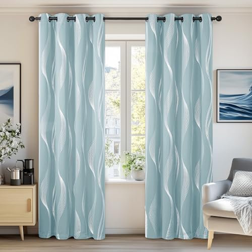 Deconovo Lot de 2 Rideaux Argenté Motif Ligne Occultant Salon Maison Phonique Rideau Thermique Anti Froid à Oeillets 132x229cm Bleu Clair Chambre L’h?tel