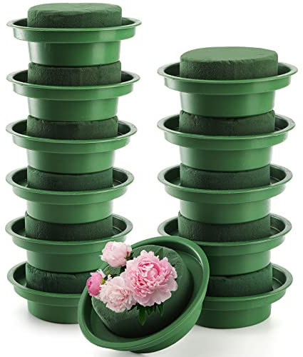 Dicunoy 12 Stück Blumenschaum mit Schale, 8cm DIY Blumenarrangement Kit, Runde Torten für Blumengestecke, Grüner Schaumstoff Ziegel für frische künstliche Pflanzer Handwerk Dekoration