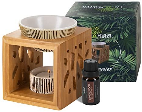 La Madera Bamboo Wooden Oil Burner Wax Melt Burner Oil Diffuser with Ceramic Candle Holder and 10 ml Bottle of 100% Pure Sandalwood Oil (Archaistic)