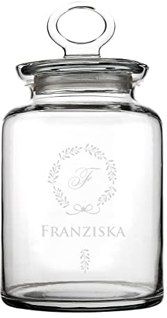 Herz & Heim® Glasdose mit Gravur eines Kranzes mit Initiale und Wunschnamen