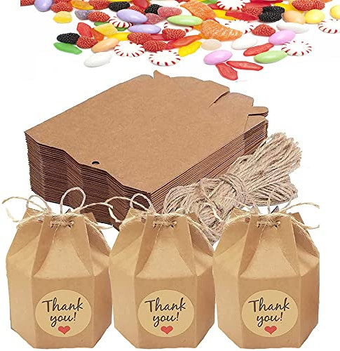 50 Stuck DIY Party Geschenkboxen, Candy Kleine Geschenkbox, Kraftpapier Box, Sechseckig Bastel Candy Papier Box Mit Danke Aufkleber Für Hochzeit, Geburtstagsteil, Jubiläum (Braun, Hexagon)
