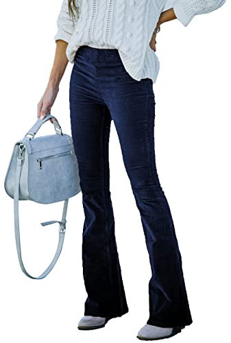 Pantaloni a Zampa di Velluto a Coste da Donna Pantaloni Alta con Cerniera Laterale in Vita Alta(L-Blu violaceo)