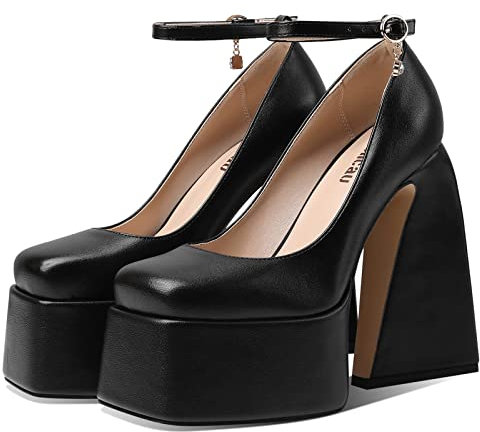 Uacllcau Plateau-Pumps mit klobigem Absatz für Frauen, sexy quadratische Zehenpartie, Knöchel, Strasssteine, Schnalle, High Heels, Partykleid, Mary Jane Schuhe.., Schwarz, matt, 41 EU