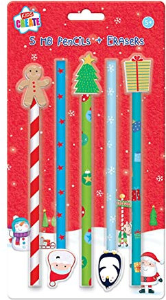 Kids Create Pack 5 Kinder Weihnachten HB Bleistifte & Neuheit Festliche Radiergummis Set