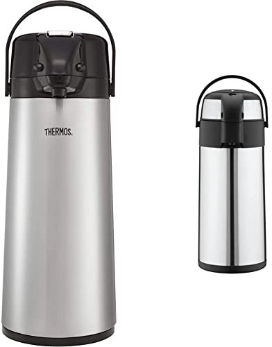 Thermos 184625 Lever Action Pump Pot, 2.5 L Black & Pioneer Flasks SS50R Stainless Steel Airpot Hot Cold Water Tea Coffee Dispenser Conference Event Flask, Satin Finish, 5 litres